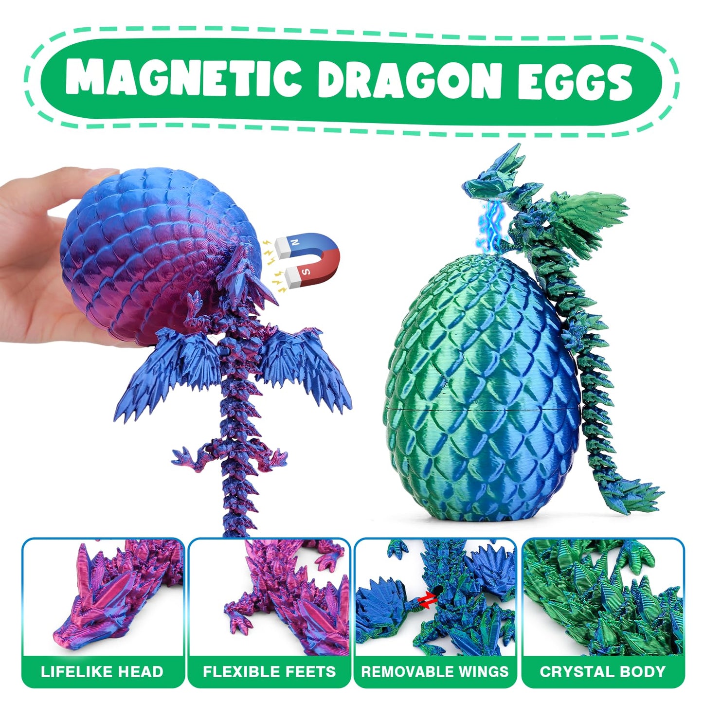3D Printed Dragon Eggs with 4 Dragons Inside - Swappable Wing, Flexible Articulated Magnetic Dragons Animals Fidget Toy for Kids (Purple+Blue)
