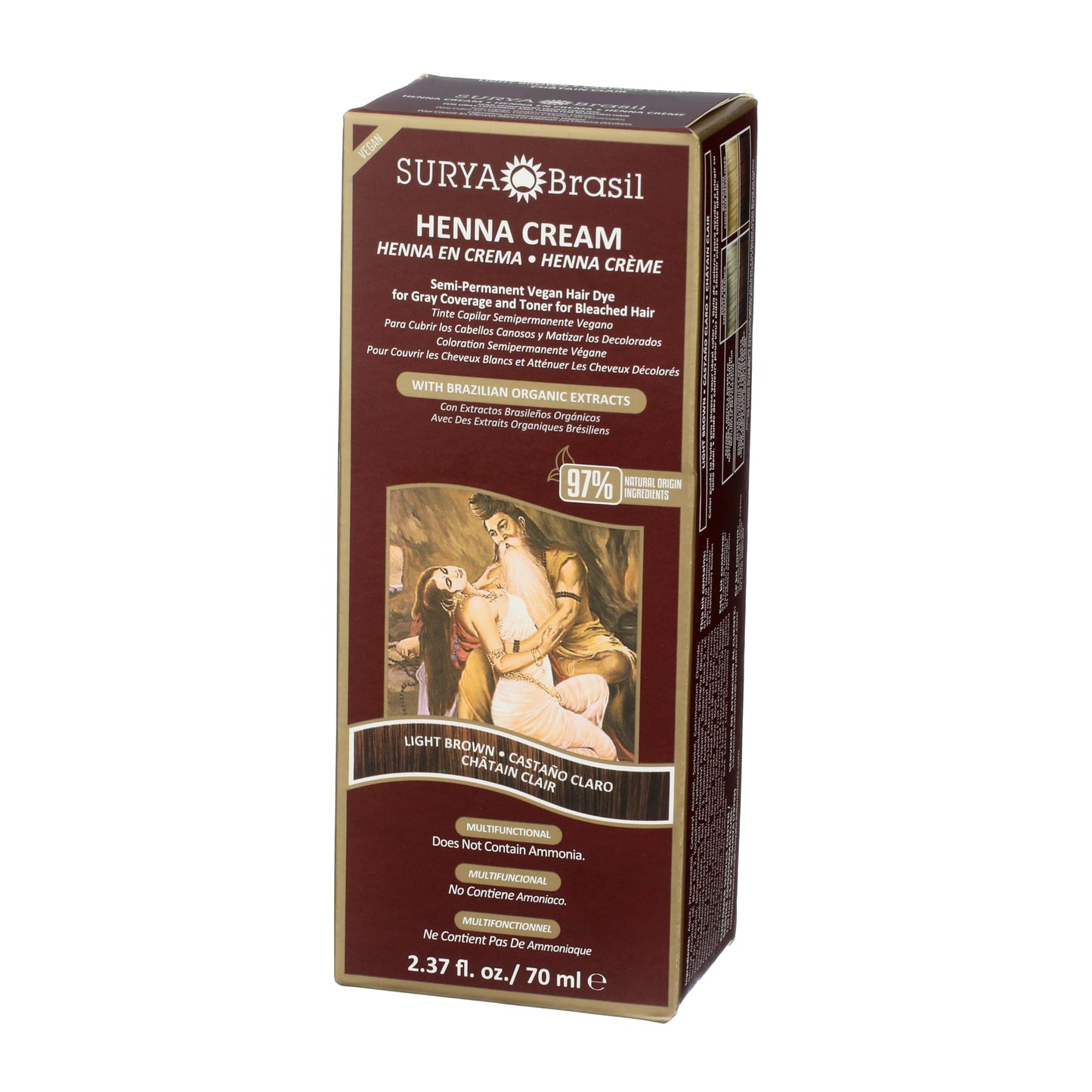 Surya Brasil Henna Cream Light Brown - 97% Natural Ingredients, Vegan, Cruelty-Free, Eco-Friendly, Semi-Permanent Hair Color, Deep Hydration & Shine