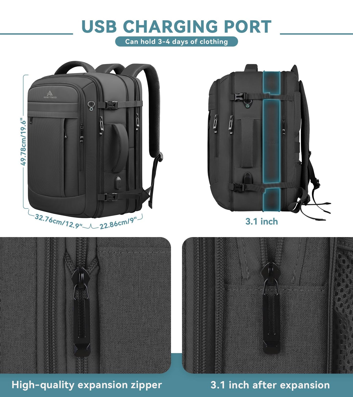 AREYTECO Travel Backpack, 50L Expandable Extra Large Laptop Backpack, Carry On Backpack Water Resistant Business Suitcase Daypack Bag Fits 17 Inch Laptops, Travel Gifts for Men Women, Black