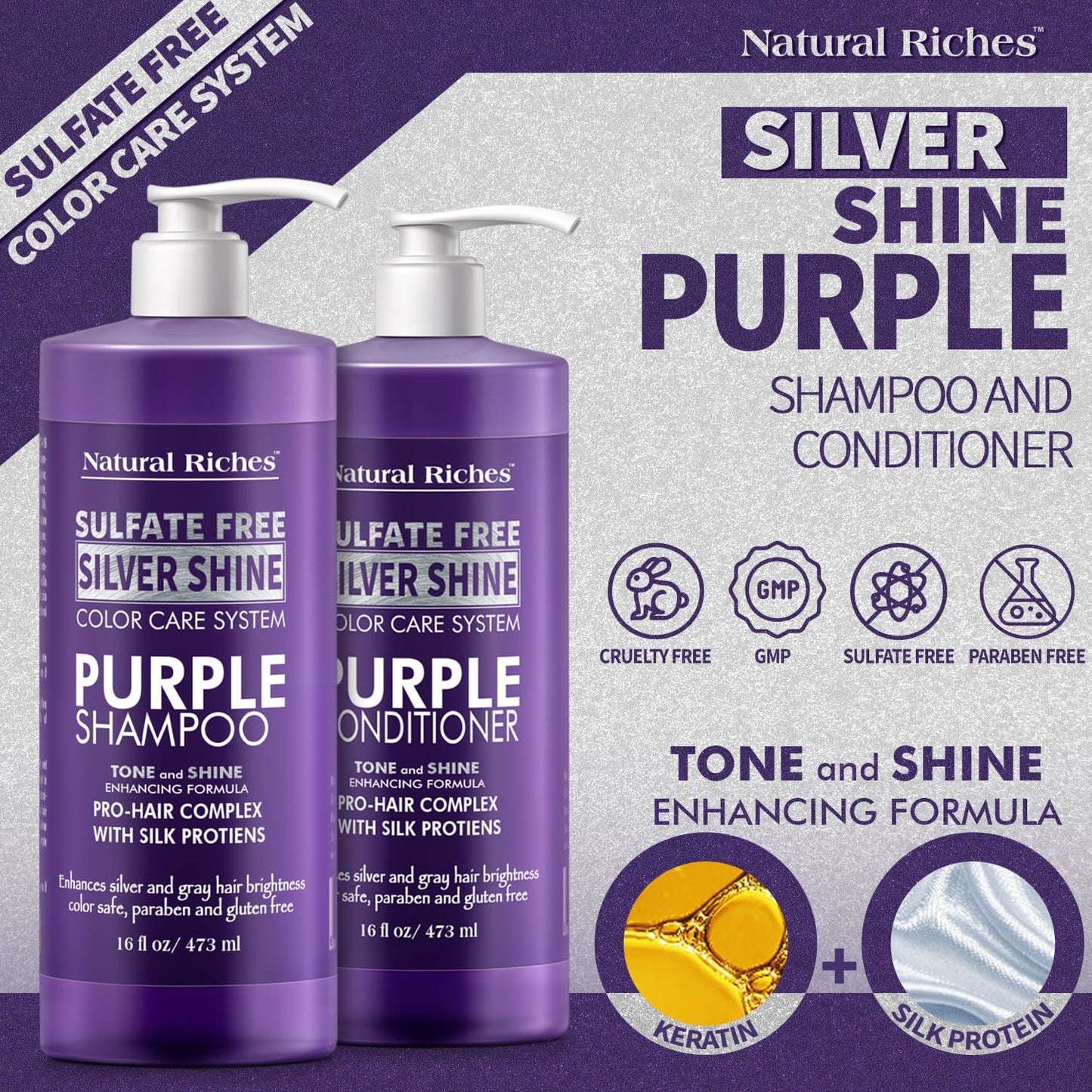 Natural Riches Radiant Silver Shine Purple Shampoo and Conditioner Set for Gray Hair - Paraben-Free and Color Safe - With Silk Proteins, Tones Dull