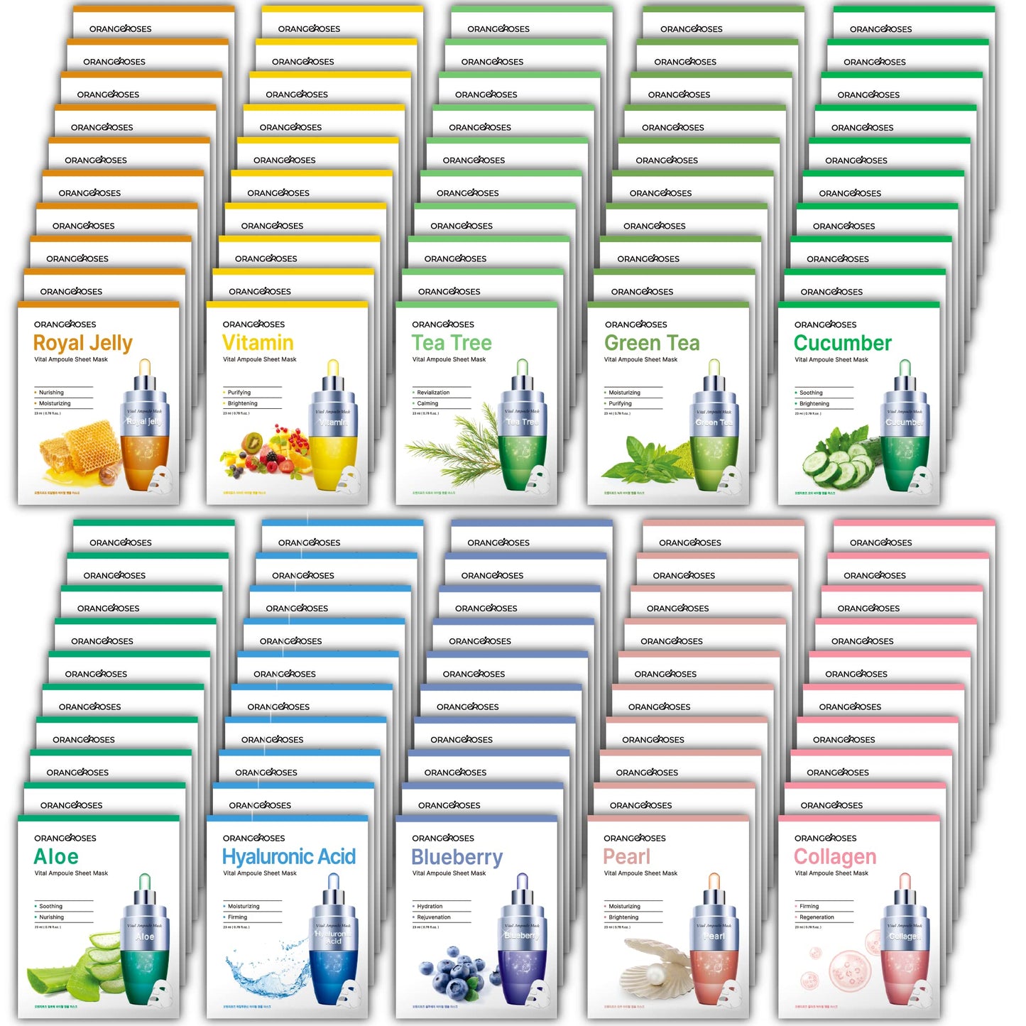 ?Orangeroses? 100 Pcs Combo Pack, Premium Korean Essence Facial Mask Sheet (10 Types x 10 pcs)