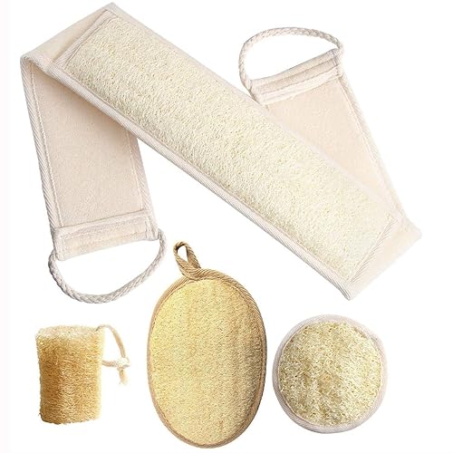 FEBSNOW Loofa Body Scrubber - 4 PCS Exfoliating Loofah Back Scrubber Natural Luffa Shower Bath Sponge Exfoliating Washcloth Face Scrubber Pad for Deep