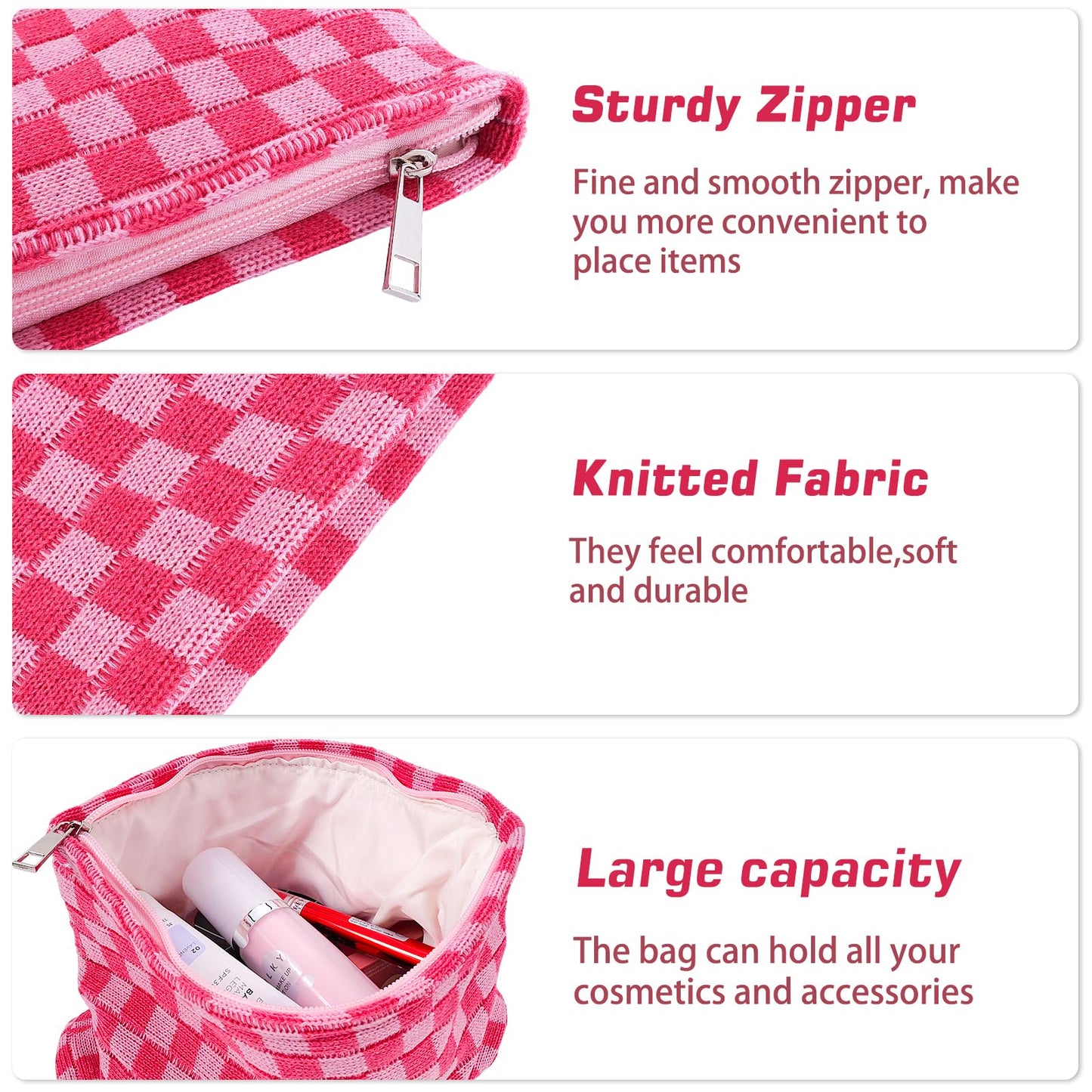 ZLFSRQ 2Pcs Checkered Makeup Bag Set – Large & Small Cosmetic Travel Toiletry Pouches for Women, Cute Preppy Pink Zipper Bags