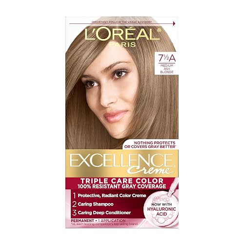 L'Oreal Paris Excellence Crème Permanent Hair Dye, Triple Care Hair Color with Hyaluronic Acid for 100% Gray Coverage, 7.5A Medium Ash Blonde, 1 Kit
