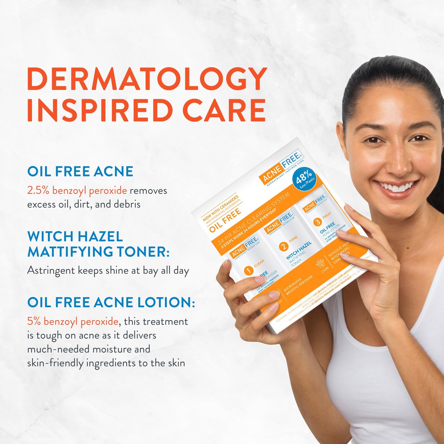 Acne Free 3 Step 24 Hour Acne Treatment Kit - Clearing System W Oil Free Acne Cleanser, Witch Hazel Toner, & Oil Free Acne Lotion - Acne Solution W