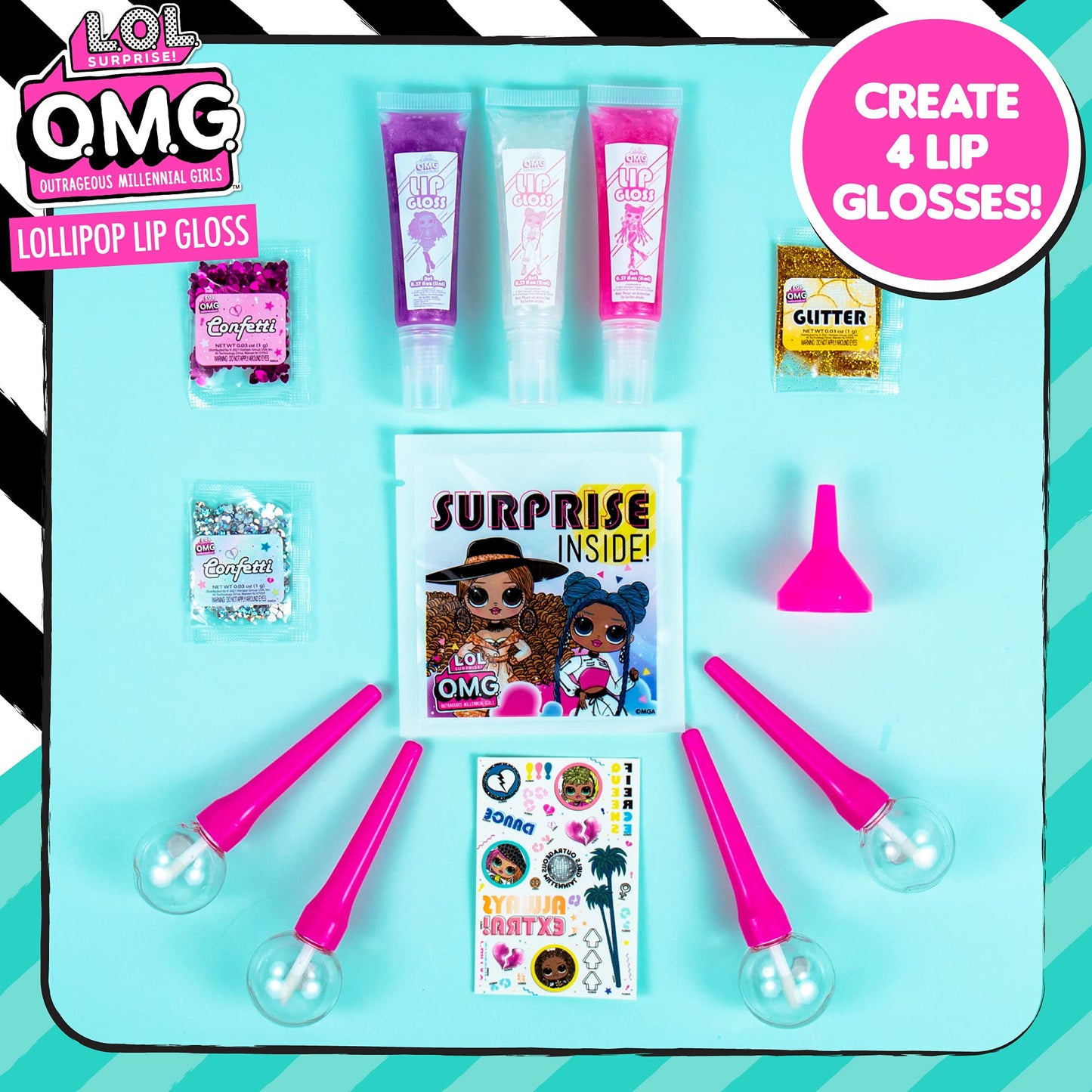 L.O.L. Surprise! O.M.G. Lollipop Lip Gloss by Horizon Group USA, Create 4 LOL Surprise Lip Glosses, Includes 4 Lip Gloss Containers, 3 Fun Flavors
