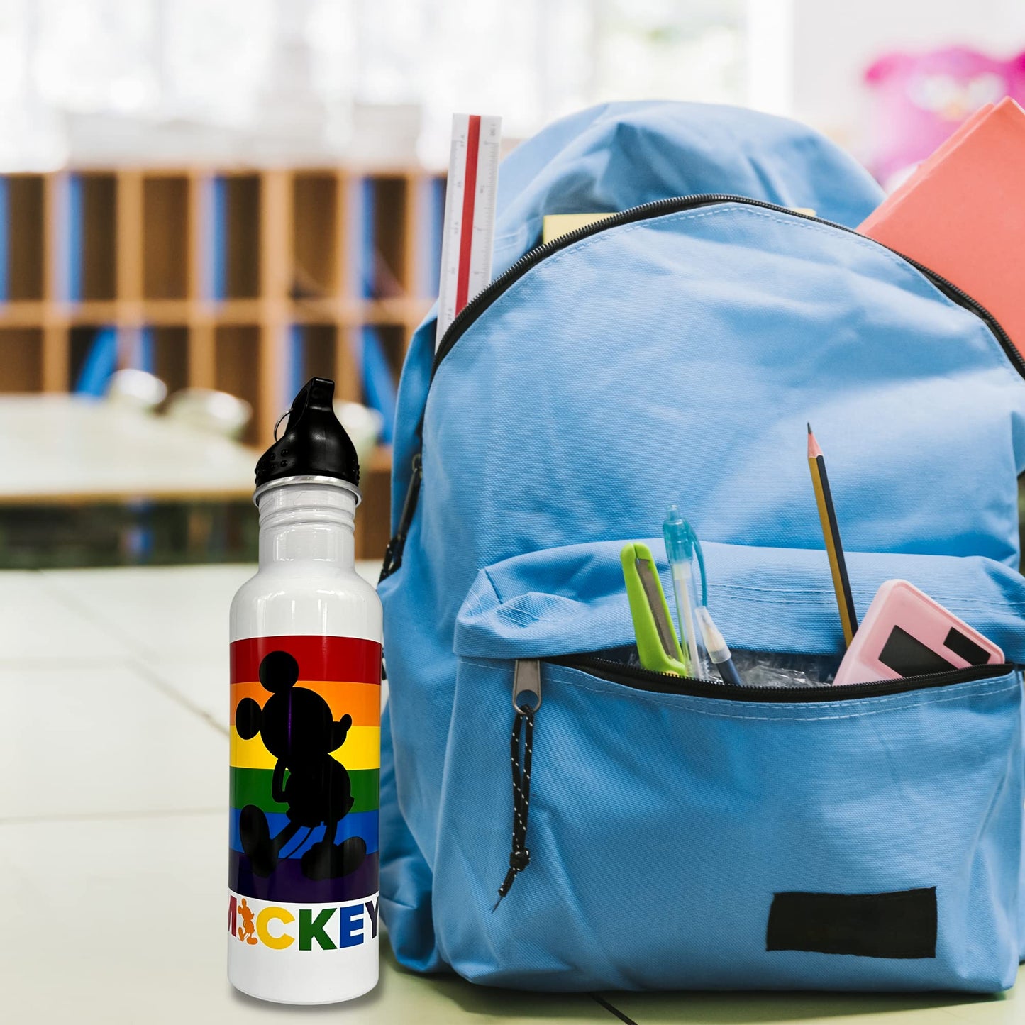 Jerry Leigh 2022 Mickey Mouse Gay Pride Water Bottle, Disney Rainbow Souvenir Collectible Aluminum Drinking Cup with Lid
