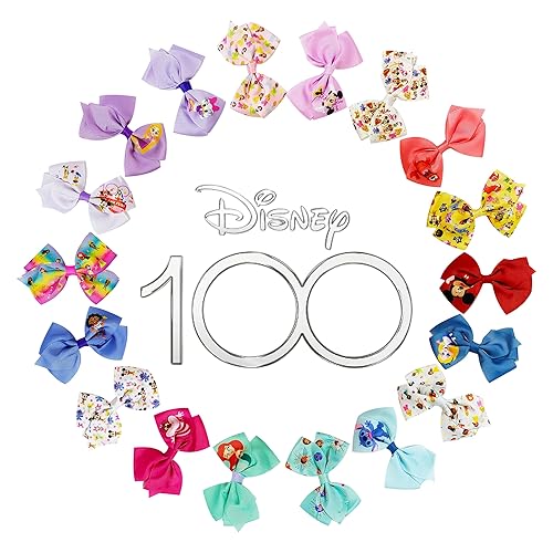 Disney 100th Anniversary Special Hair Accessory for Girls|18pc Disney Hair Bow Clips Featuring Favorite Characters with a String Bag Bow Holder