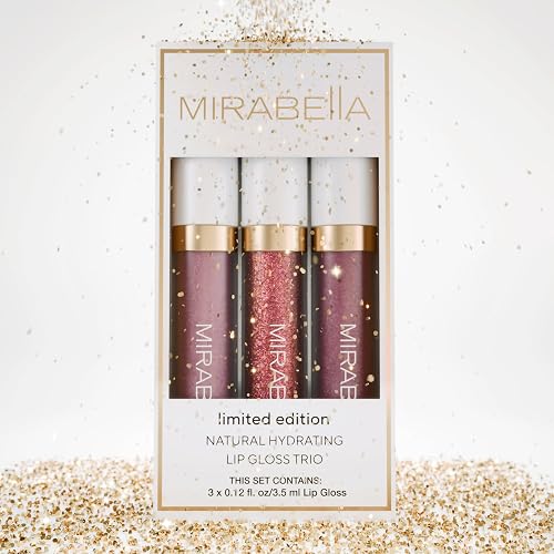 Mirabella 3 Pack Lip Gloss Trio - Highly Pigmented Shimmer Lip Gloss Non Sticky with Hydrating Medical Grade Lanolin for Chapped Lips, Lip Gloss for