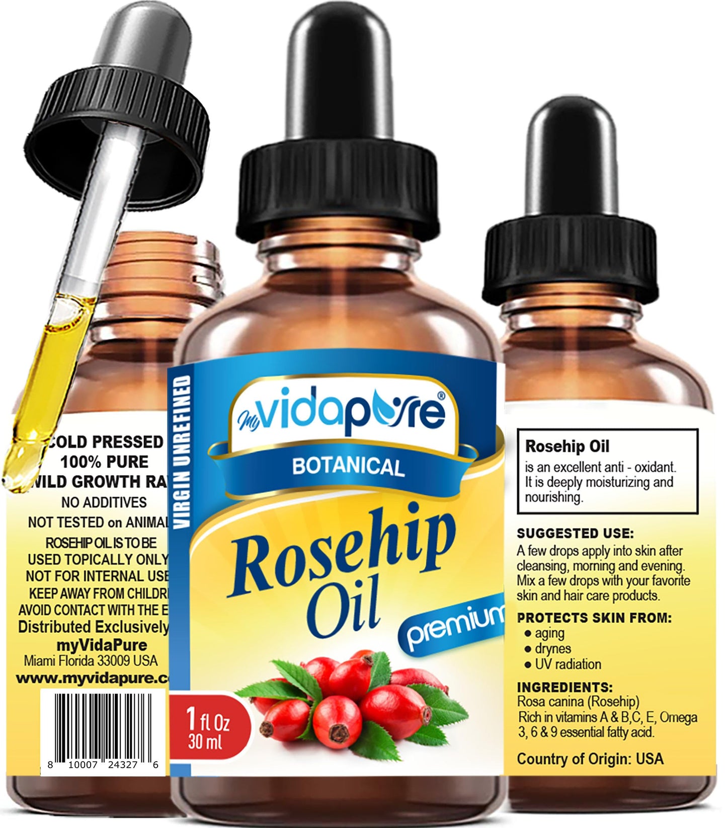 MYVIDAPURE Rosehip Oil Vitamin A, Vitamin C, Vitamen E for Wrinkles, Scars, Stretch Marks, Face, Body, Hair, Lip Care. (1 Fl Oz)