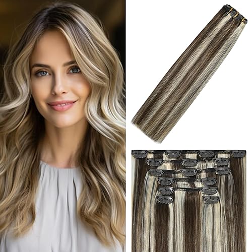 WindTouch Clip In Hair Extensions Human Hair Medium Brown to Blonde Balayage Highlights for Brown Remy Hair 18Inch 75g #4P613 7PCS