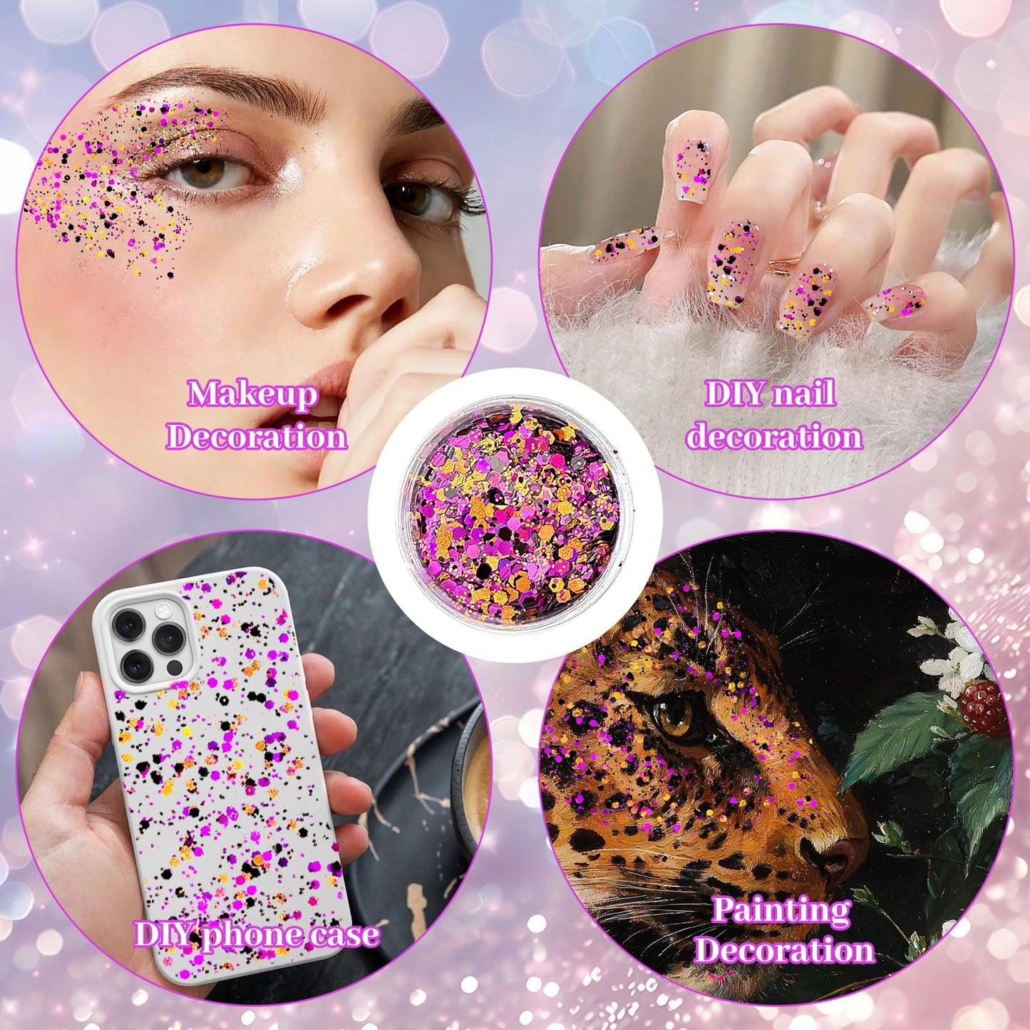 Black Orange Purple Mixed Holographic Chunky Glitter, 13g (2 Jars x 6.5g) Crafts Glitter Powder with 10g Gel and Brush, Halloween Iridescent Nail