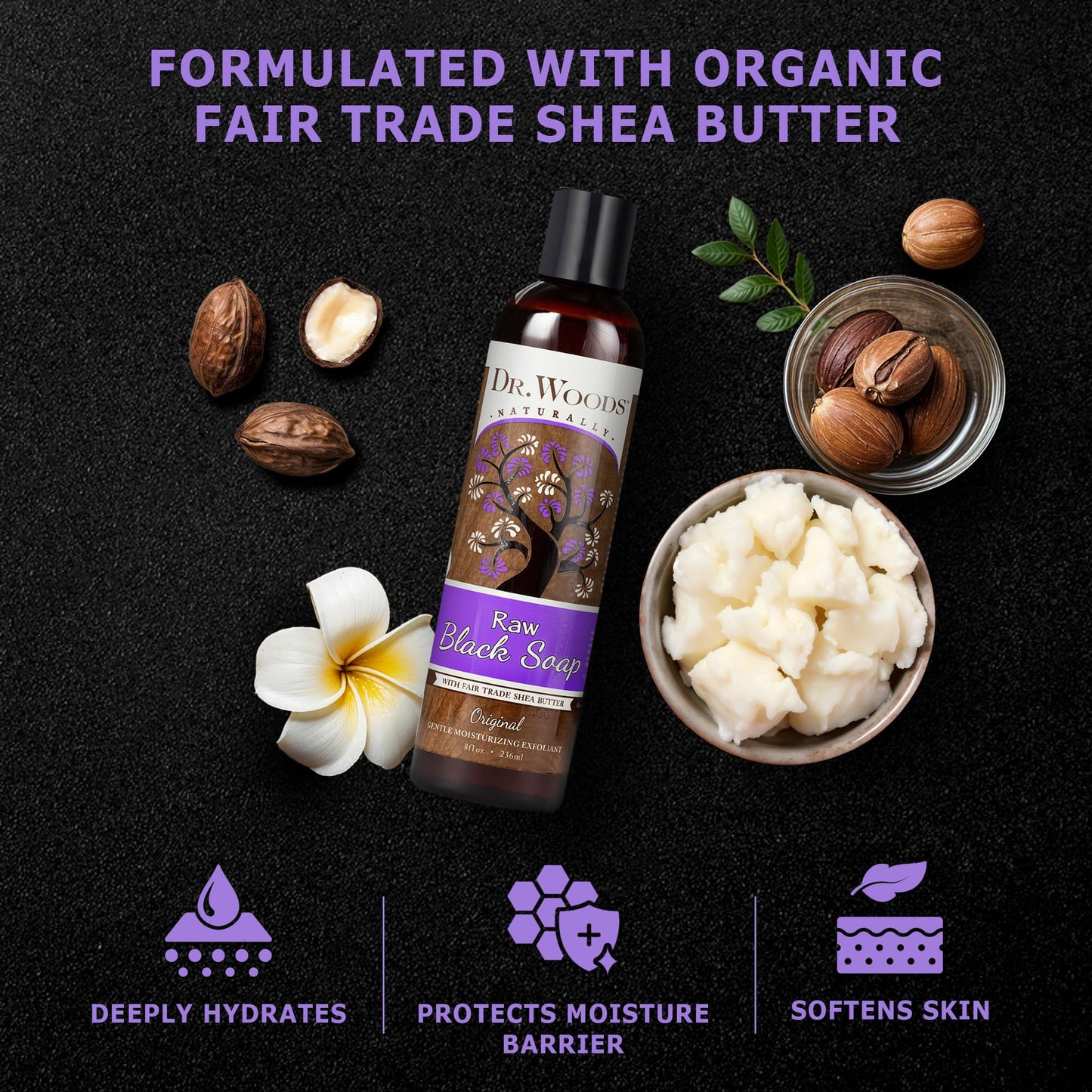 Dr. Woods Raw African Liquid Black Soap - Body Wash for Men and Women, Contains Organic Shea Butter, Gentle Exfoliant, Natural Cleanser for Face
