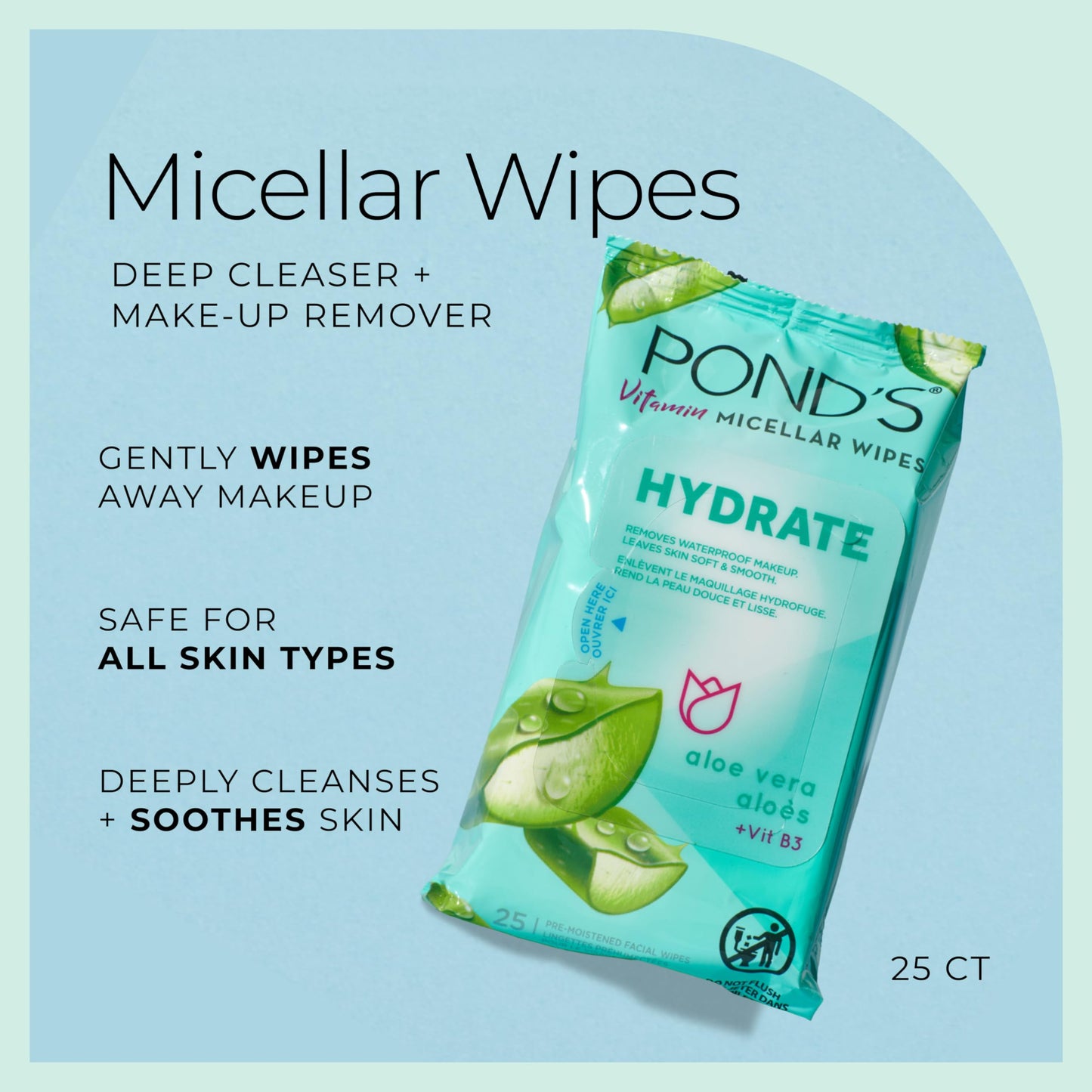POND’S Micellar Makeup Remover Wipes, Removes Waterproof Mascara, with Aloe Vera & Vitamin B3, Alcohol-Free Facial Cleansing Wipes for Dry Skin, 25