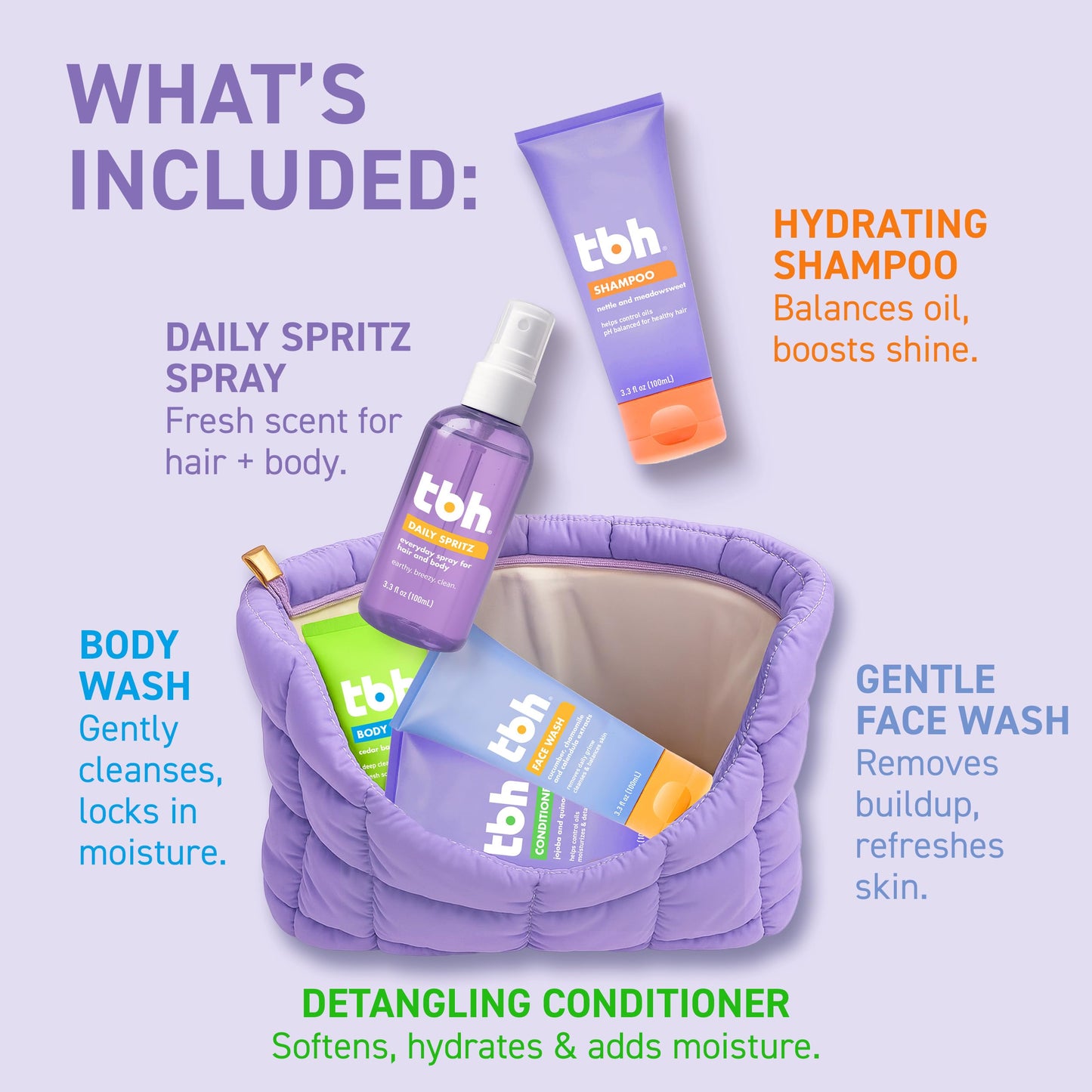 TBH Kids Glow & Go Gift Set | Tween Hair, Body & Skincare Kit for Girls and Boys | 5 Clean Mini Essentials in Travel Zip Pouch - Perfect Self-Care