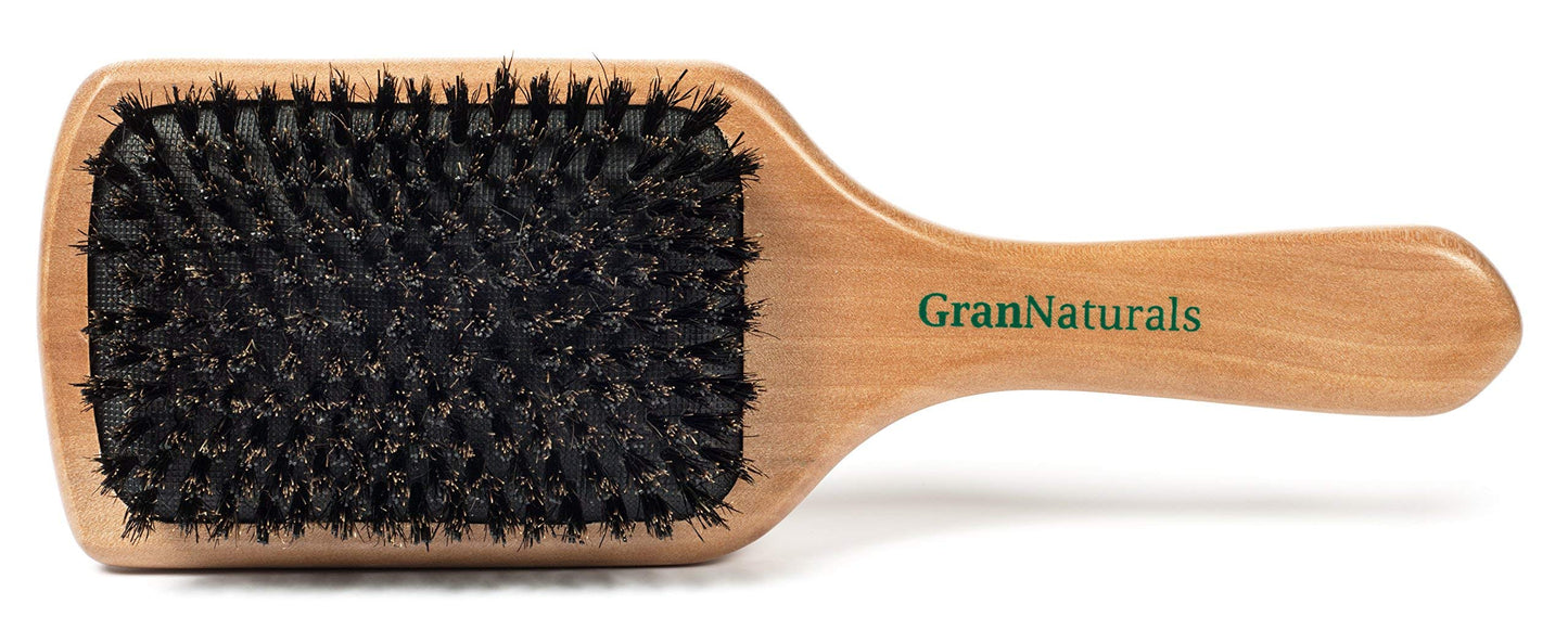 GranNaturals Boar Bristle Smoothing Hair Brush for Women and Men - Medium/Soft Bristles - Natural Wooden Large Flat Square Paddle Hairbrush for Fine