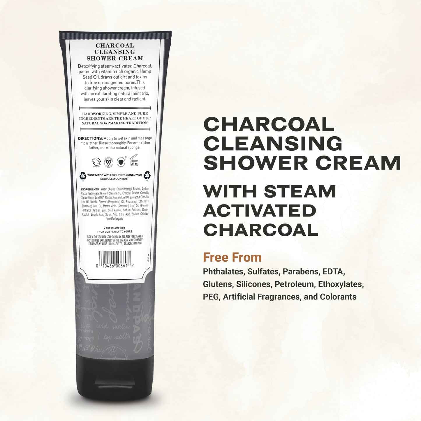 The Grandpa Soap Company Charcoal Cleansing Shower Cream - Clarifies & Restores Congested Pores, With Activated Charcoal & Hemp Seed Oil, Detoxifies