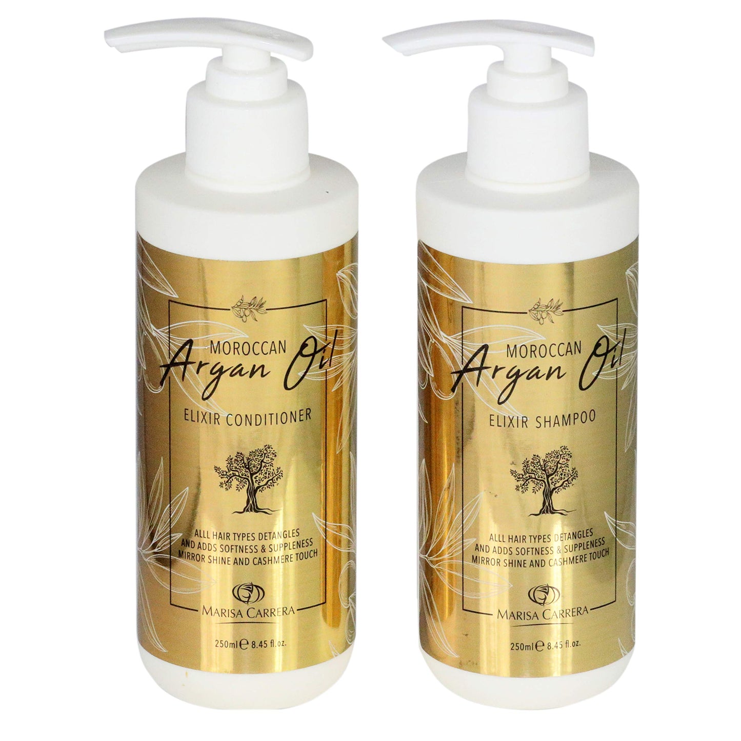 Marisa Carrera Moroccan Argan Oil Elixir Shampoo & Conditioner. Volumizing & Moisturizing, Gentle on Curly & Color Treated Hair, for Men & Women.250