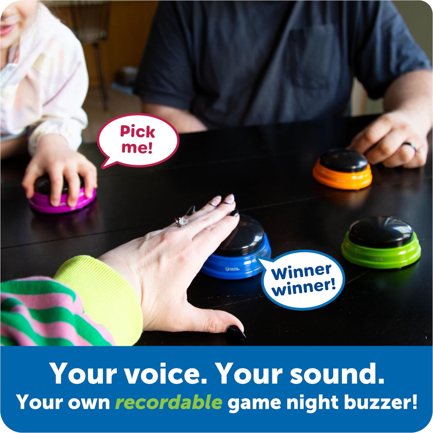 Learning Resources Recordable Answer Buzzers | Set of 4 Sound Buttons for Kids Ages 3+ | Fun Family Game Show & Trivia Night Toy