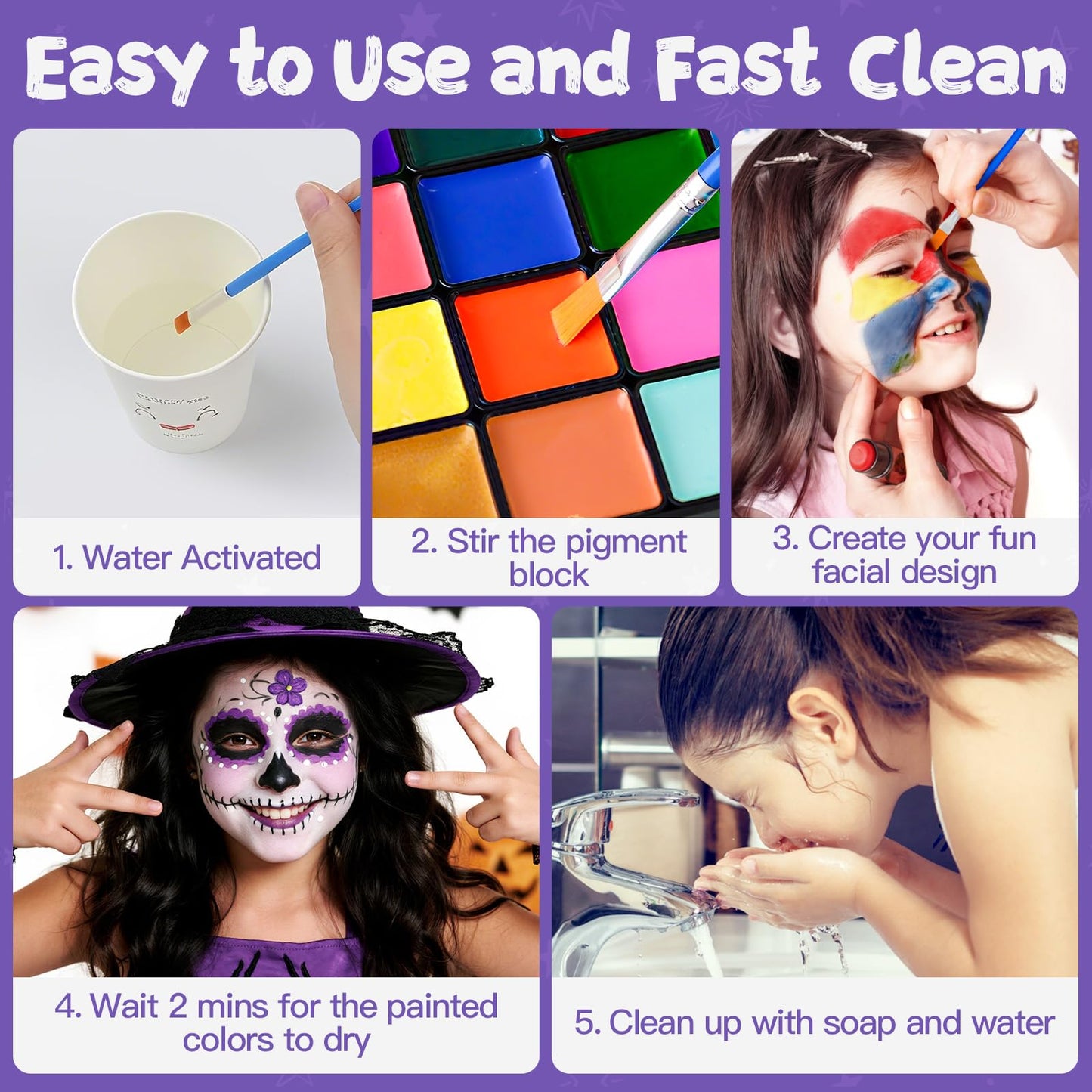 Face Painting Kit for Kids, 18 Colors Water Activated Face Paint with Brushes & Stencils, Non-Toxic Halloween Makeup Kit, Professional Face Body Paint