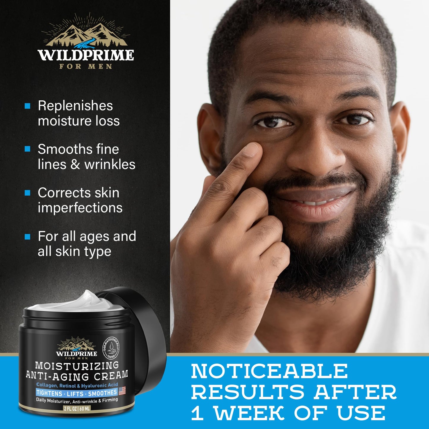Men's Face Moisturizer Cream - Anti Aging & Wrinkle - Men's Shave Lotion - Made in USA - Collagen, Hyaluronic Acid, Vitamins E & A, Avocado Oil - Age Beauty and Personal Care WildPRIME