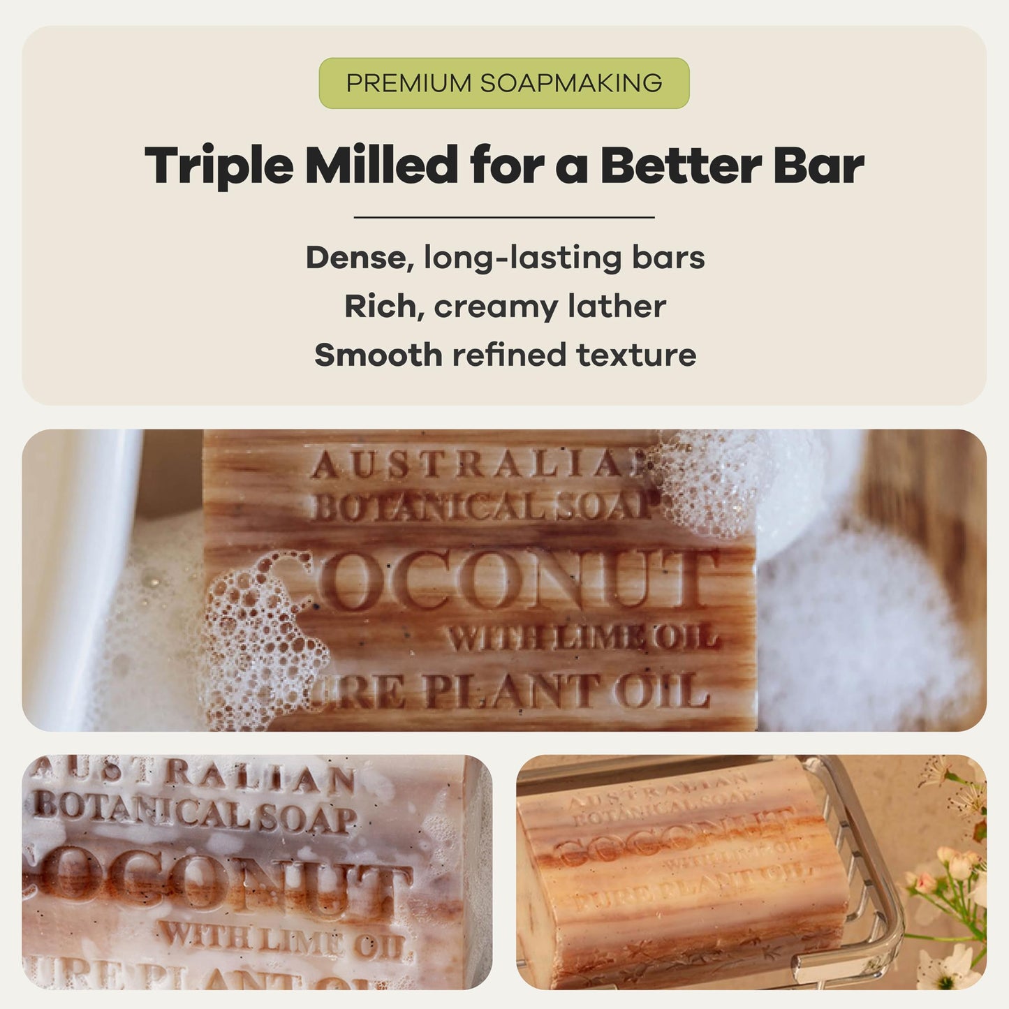 Australian Botanical Soap, 6.6 OZ, Coconut and Lime Oil, Triple Milled Bars made with a Natural Soap Base and Enriched with Organic Shea Butter, Pack