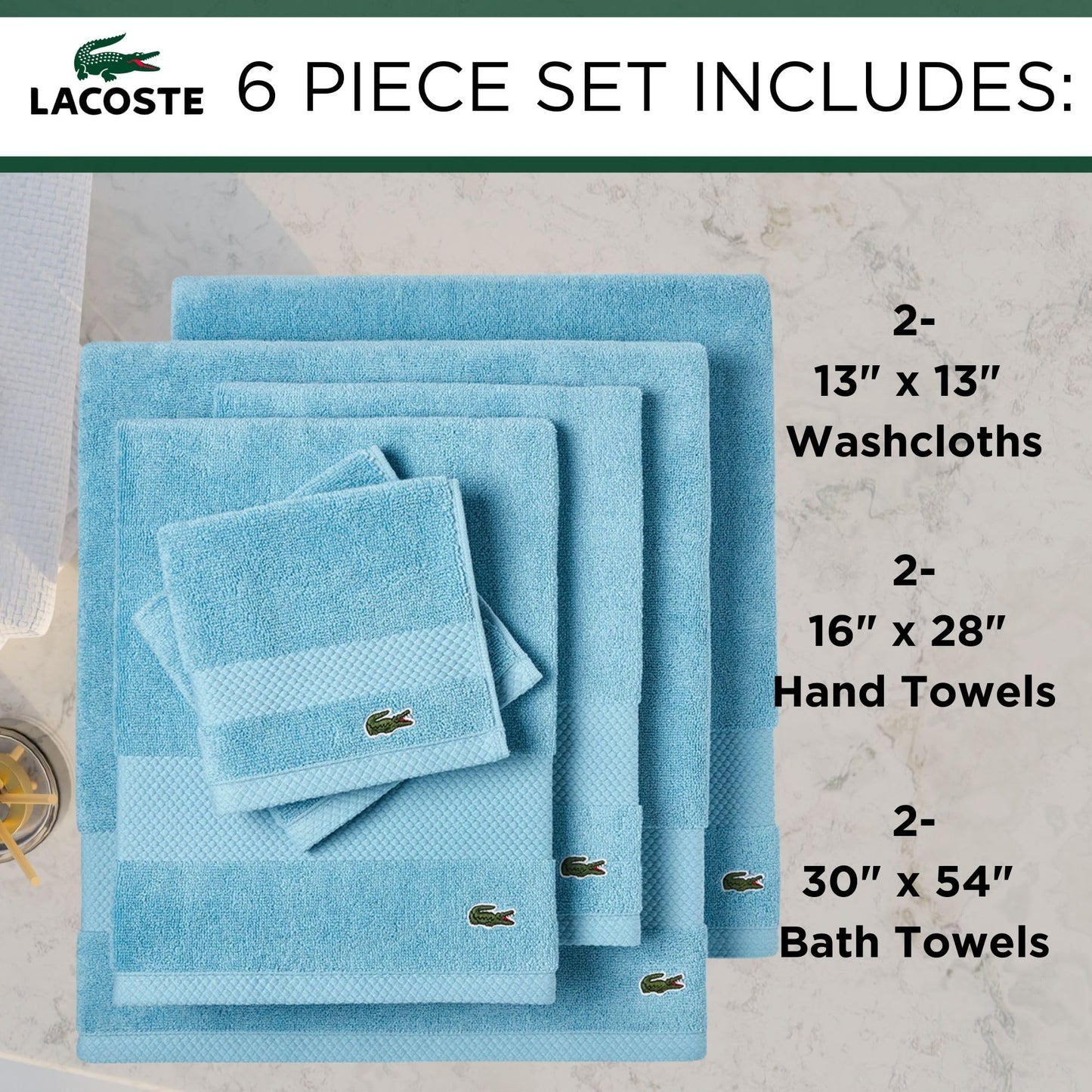 Lacoste Heritage Supima Cotton 6-Piece Towel Set, 2 Bath Towels, 2 Hand Towels, 2 Washcloths, Celestial Blue - Highly Absorbent & Quick Drying…