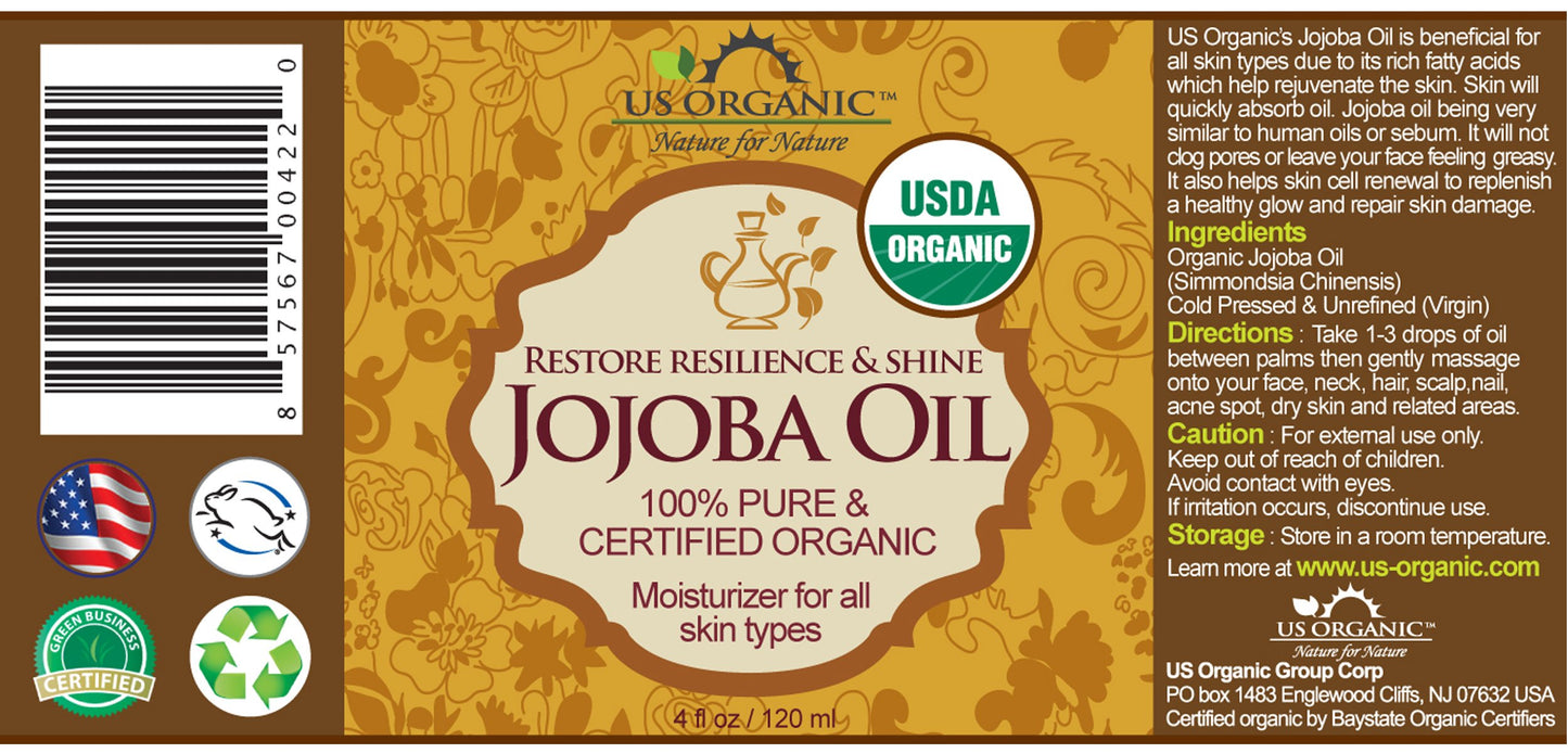 US Organic Jojoba Oil, USDA Certified Organic,100% Pure & Natural, Cold Pressed Virgin, Unrefined, Haxane Free, Sourced from Middle East Directly