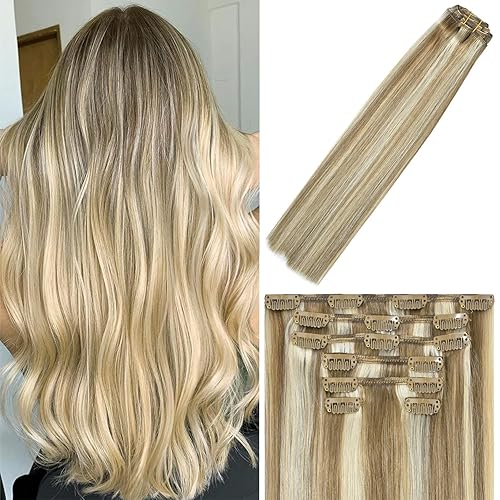WindTouch Clip in Hair Extensions Human Hair Mixed Bleach Blonde 12Inch 75g Highlights for Blonde 7PCS #18P613