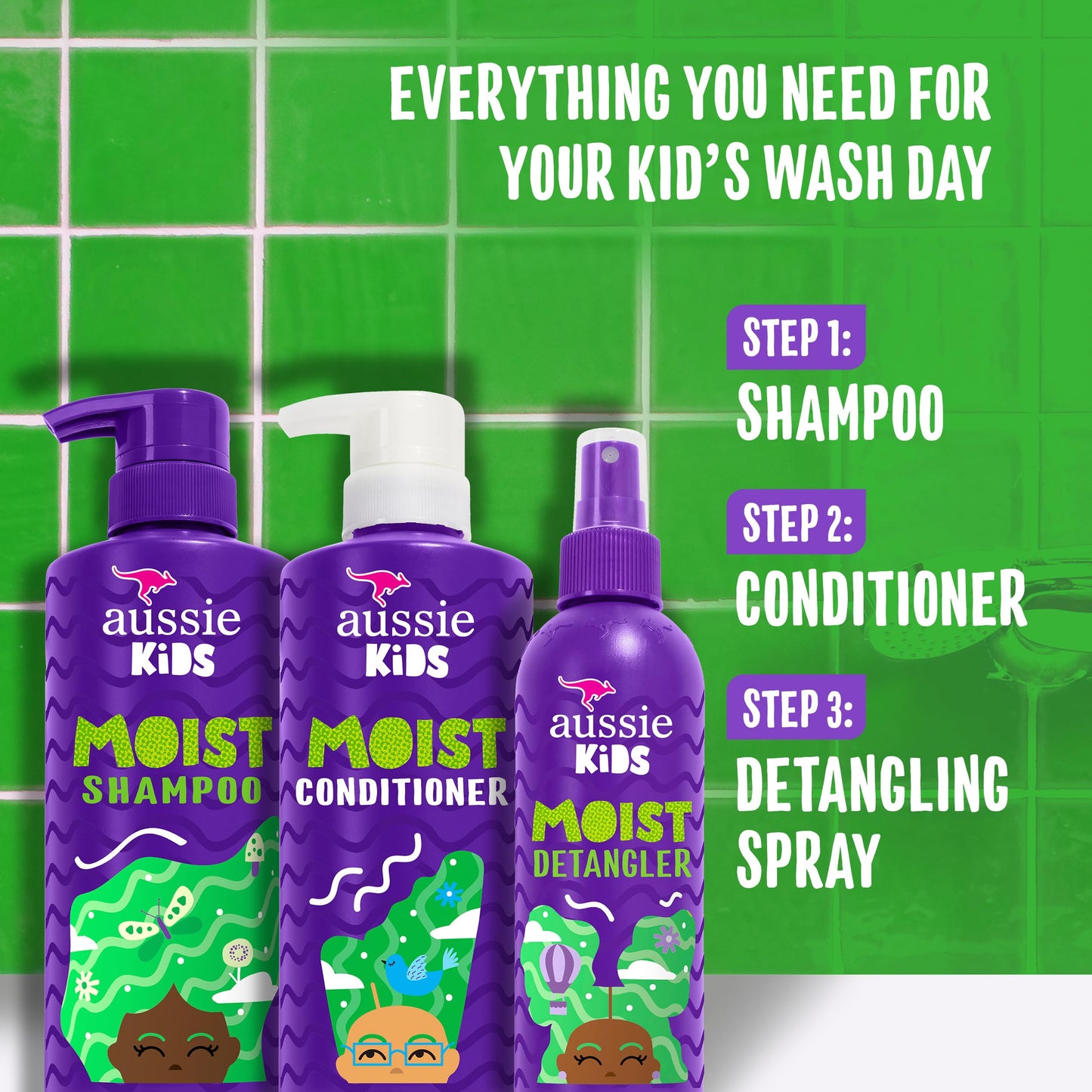 Aussie Kids Hair Care Bundle Set Including: Shampoo (16 Fl Oz), Conditioner (16 Fl Oz) & Detangler Spray (8 Fl Oz), Paraben- Freem Sulfate-Free