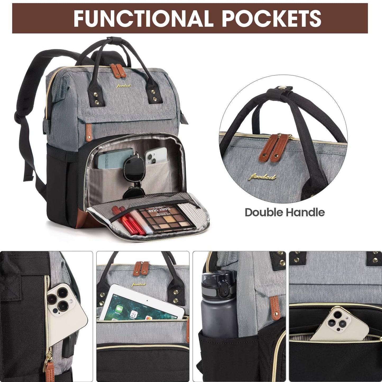 Focdod Women Laptop Backpack Work Bag: 17 inch Travel Computer Backpacks for Nurse Teacher Waterproof College Bookbag with USB Charger Anti-theft Casual Business Backpack Purse Black Grey Brown