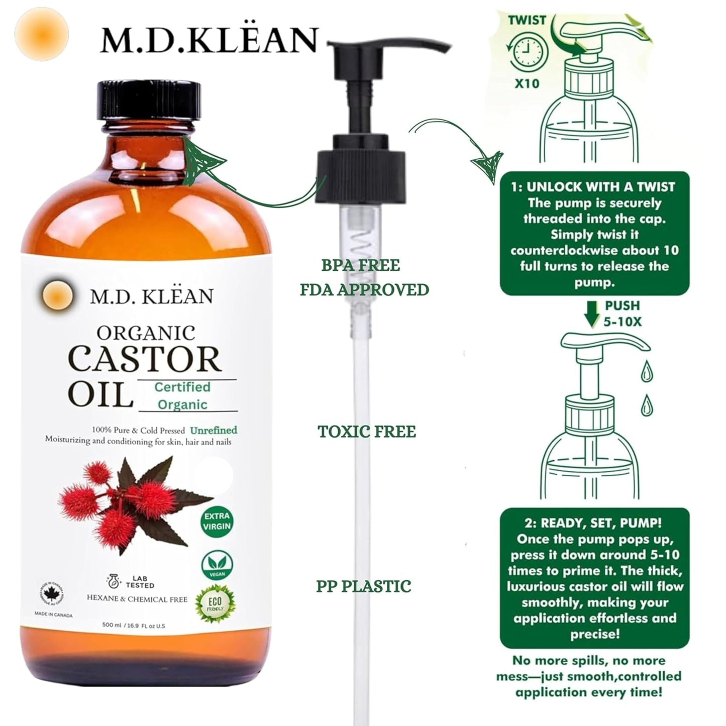 MD KLEAN Organic Castor Oil (500ml w/ 60ml Dropper) 100% Cold Pressed Unrefined Glass Bottles | Hexane Free | Moisturizer and Conditionor