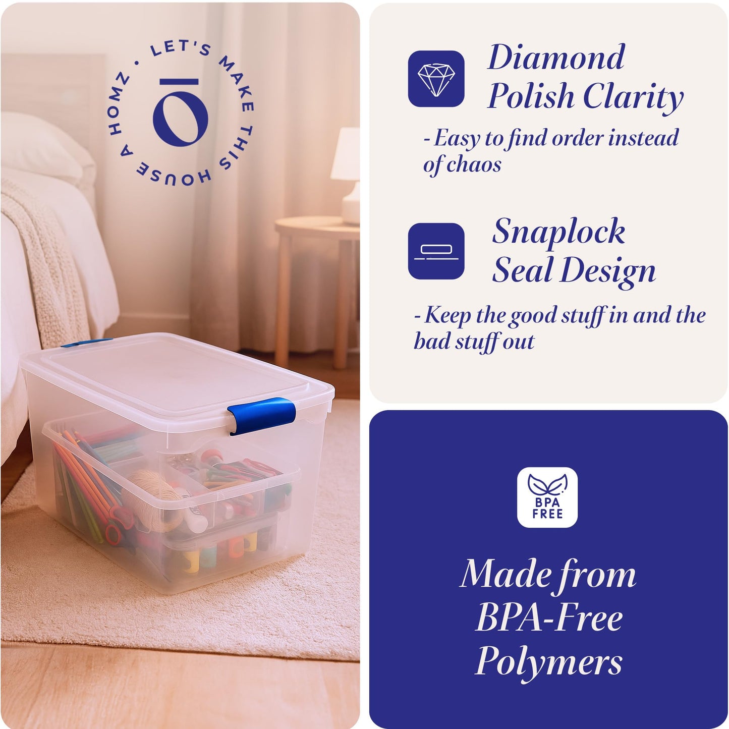 HOMZ 4-Pack Secure Latch, Clear Plastic Storage Organizer Bins, 66 Quart, Blue Latches - Stackable Organizing Containers for Home, Garage, and Office