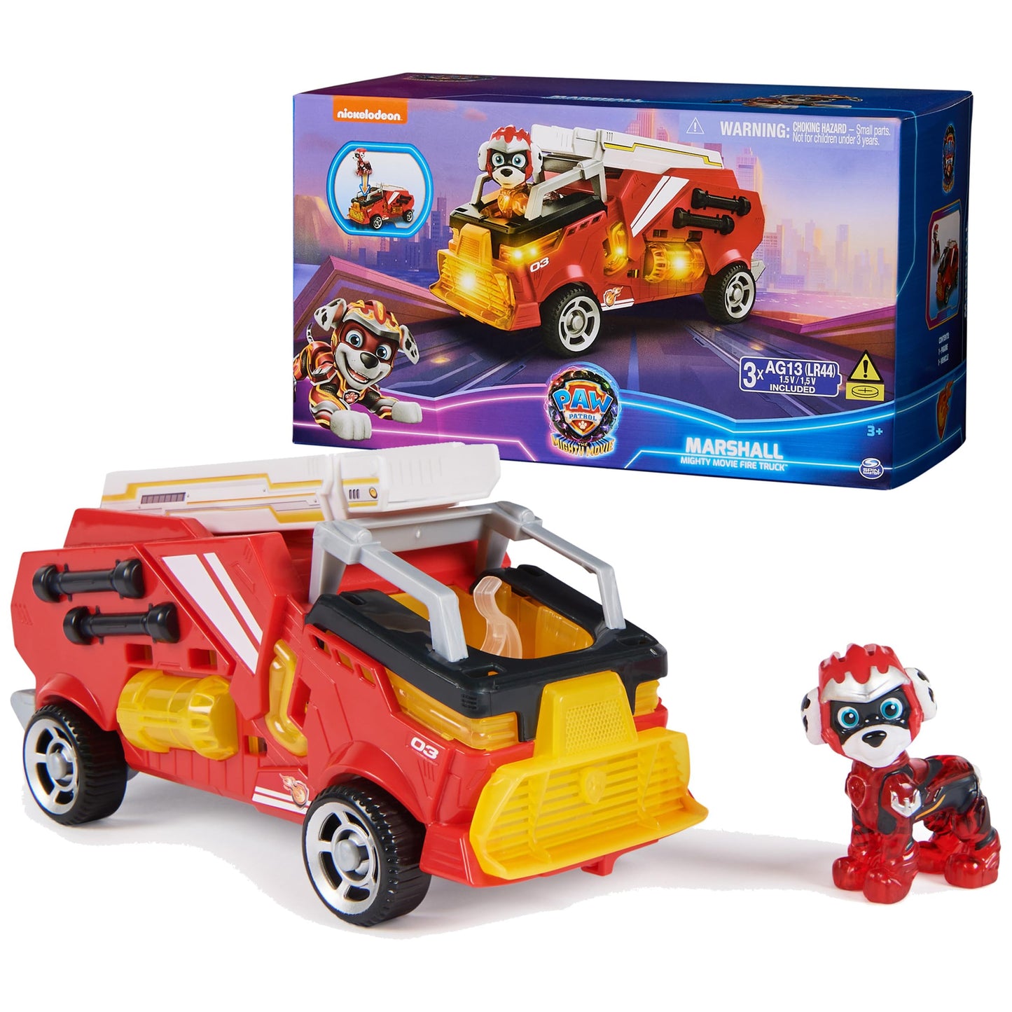 PAW Patrol: The Mighty Movie, Firetruck Toy with Marshall Mighty Pups Action Figure, Lights and Sounds, Kids Toys for Boys & Girls 3+