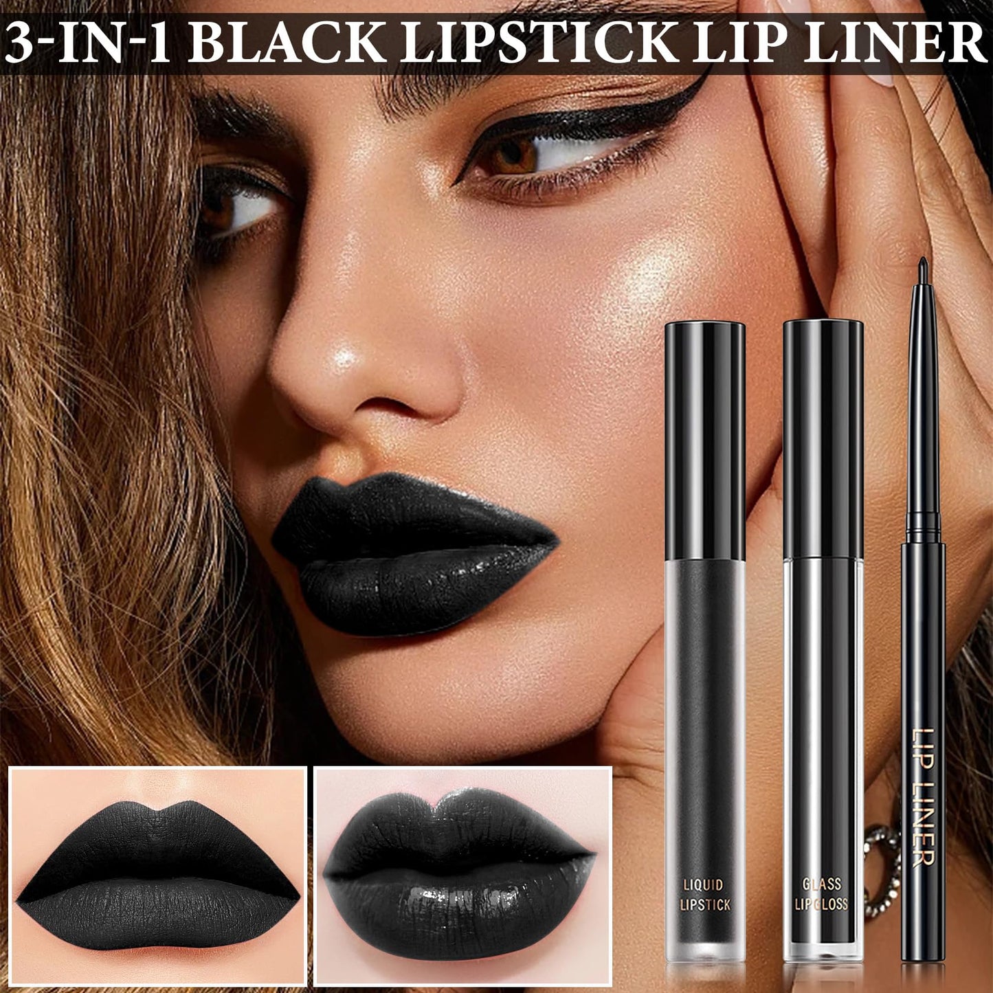 Black Matte Liquid Lipstick,3 in 1 Black Lip Liner and Lipstick Set,Matte Lip Gloss Long Lasting Moisturizing Velvet Lipgloss Make Up Gift Set Cosplay