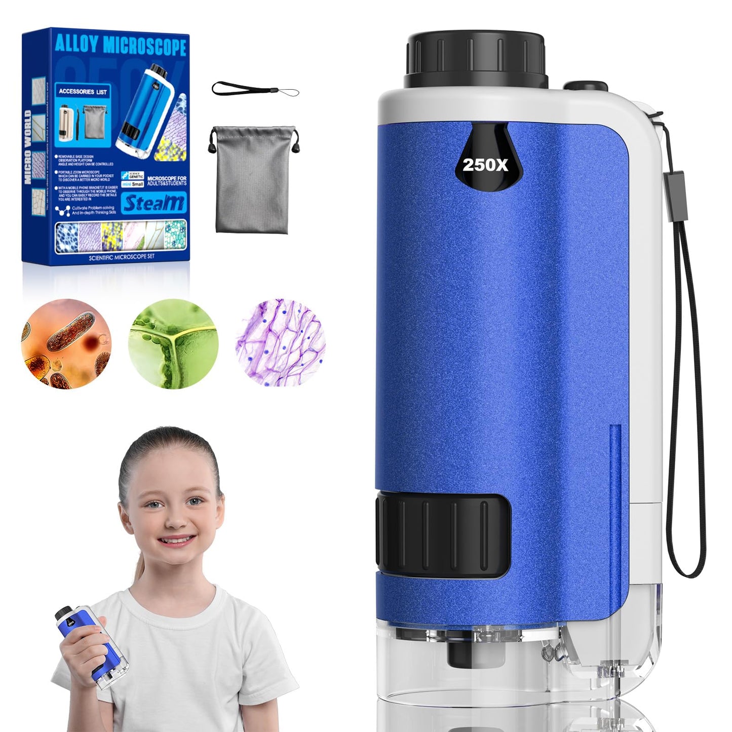 FUICZSN Portable Handheld Mini Microscope for Kids, 100x-250x Zoom with LED Lights, Alloy Pocket Microscope for Boys & Girls, Educational Science Kit (Blue)