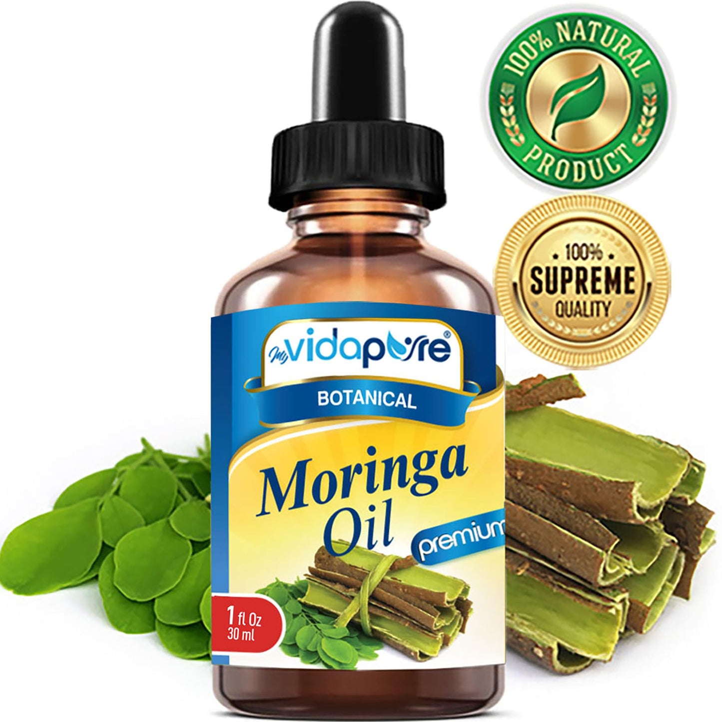 MYVIDAPURE MORINGA OIL Moringa oleifera 100% Pure REFINED UNDILUTED Cold Pressed for Skin, Face, Hair, Lip and Nail Care (1 Fl Oz)