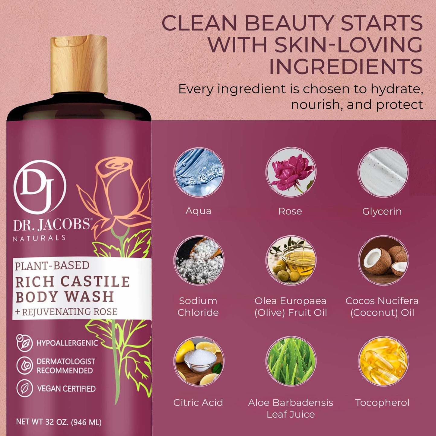 Dr. Jacobs Naturals Pure Castile Soap Liquid Body Wash, Rose - Plant Based Body Soap Infused with Vitamin E and Aloe Vera to Moisturize Dry