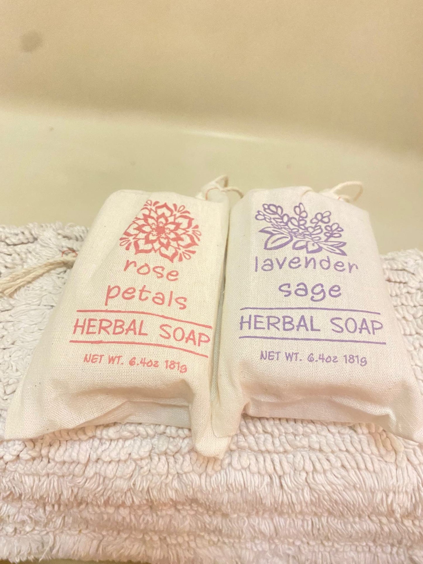 Greenwich Bay Trading Set of 2 Herbal Soaps Lavender Sage and Rose Petal - 6.4 Oz Bars Wrapped in Drawstring Cloth Sacks-Enriched with Shea Butter