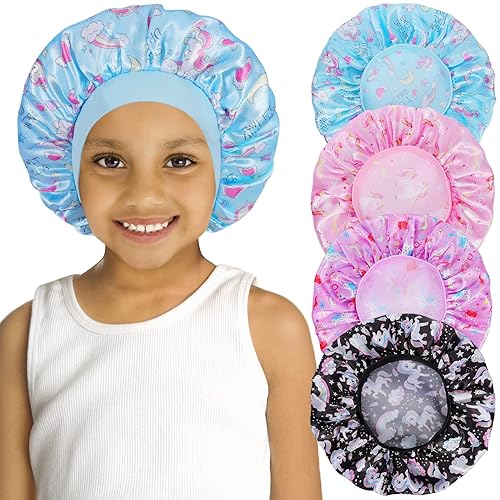 4 PCS Kids Satin Bonnet Child Sleeping Cap,Soft Silk Bonnet Elastic Wide Band,Breathable Baby Bonnets Night Sleep Caps,Colorful Night Hats for Girls