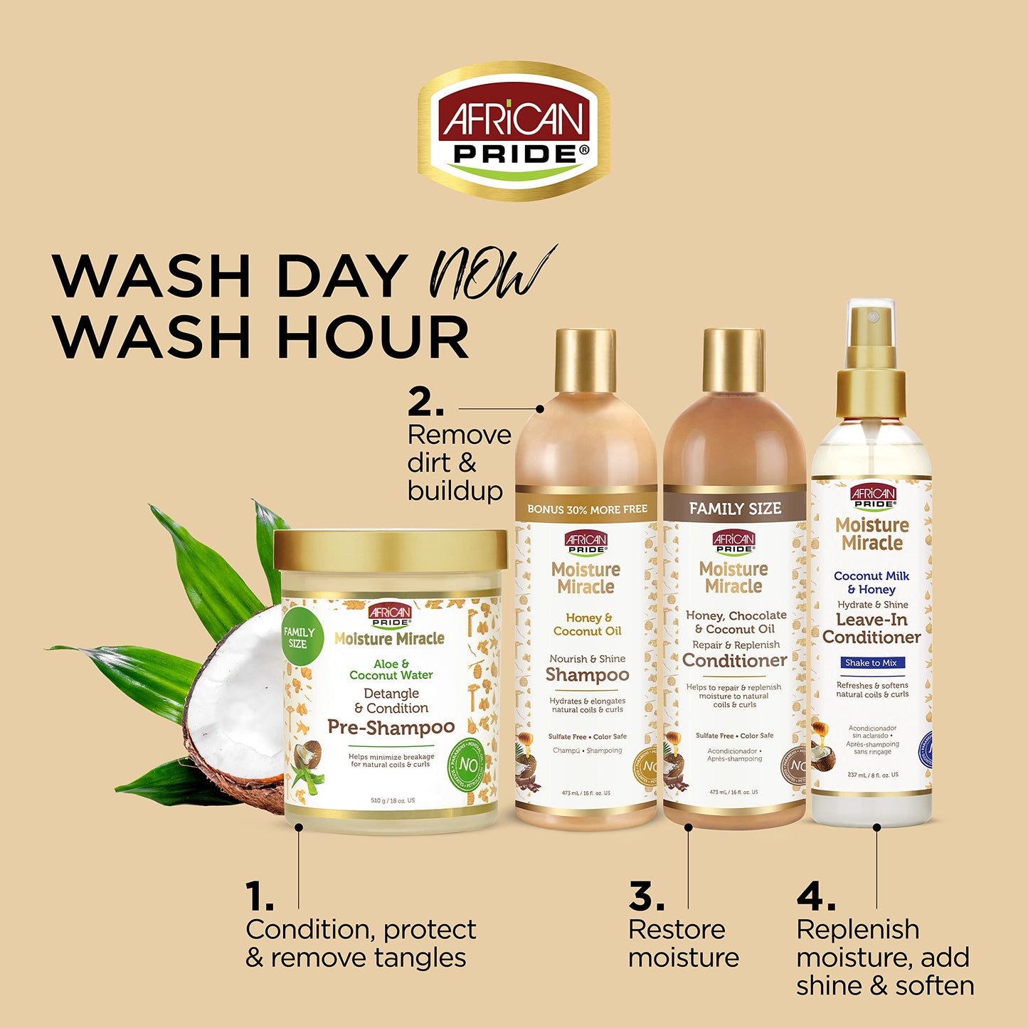 African Pride Moisture Miracle Honey & Coconut Oil Shampoo - For Natural Coils & Curls, Nourishes & Shines, Sulfate Free, Color Safe, 12 oz.