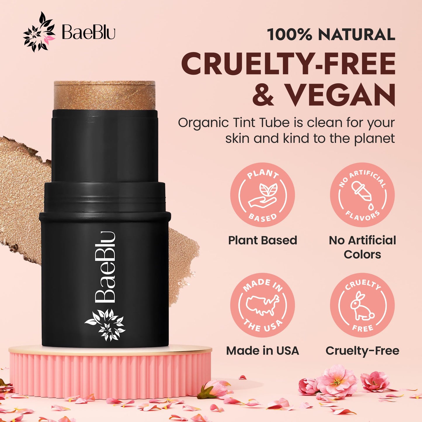 BaeBlu - Organic Cream Bronzer Stick - 100% Natural Vegan Cream Bronzer for Face, Multi-Use for Lips, Cheeks & Eyes, Buildable Shimmer, Gluten-Free