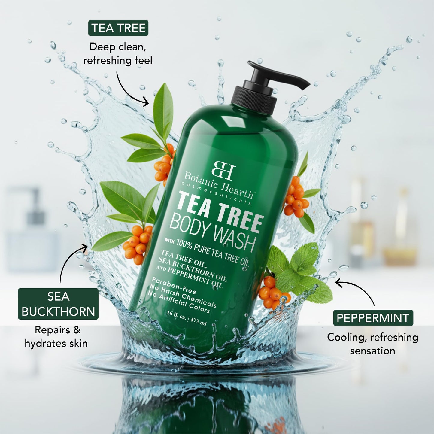 Botanic Hearth Tea Tree Body Wash, 16 Fl Oz (473 ml) | Enriched With Tea Tree Oil, Peppermint & Sea Buckthorn | Gently Cleanses, Refreshes & Nourishes Beauty and Personal Care Botanic Hearth