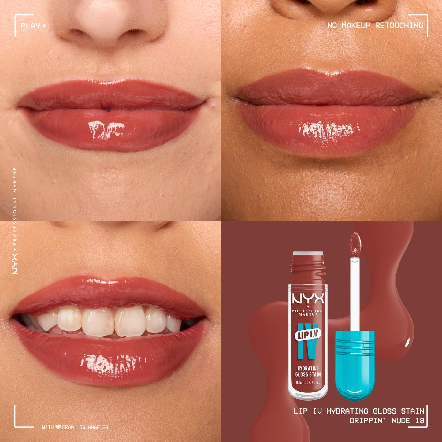 NYX PROFESSIONAL MAKEUP Lip IV Hydrating Glossy Lip Stain, Long-Lasting, Tinted, Vegan Formula with 12 HR Hydration - Drippin' Nude (Nude)