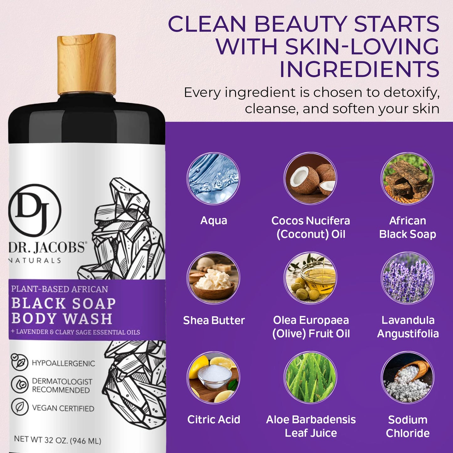 Dr Jacobs Naturals Authentic African Black Liquid Soap with Lavender & Sage Scent All-In-One Face Wash, Sensitive Skin Body Wash, Shampoo, Shaving Beauty & Personal Care DR.JACOBS NATURALS