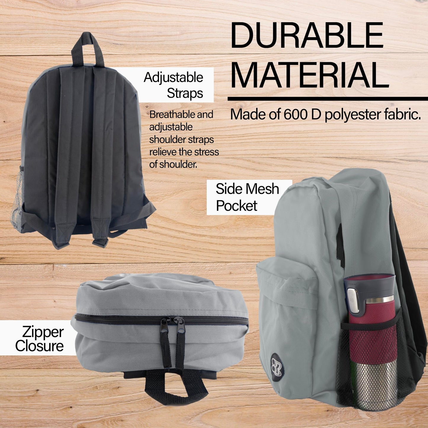 BAZIC PRODUCTS School Backpack 17" Gray, Lightweight School Bag Padded Back & Adjustable Strap for Students, Travel Bag Fit A4 Notebook, 1-Pack