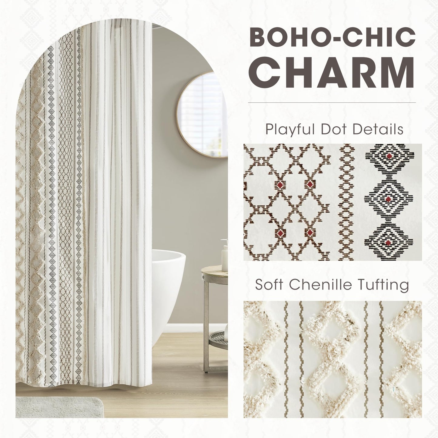 INK+IVY Imani Tufted Chenille 100% Cotton Shower Curtains Machine Washable, Modern Home Bathroom Décor Bathtub Privacy Screen, 72" x 72", Ivory