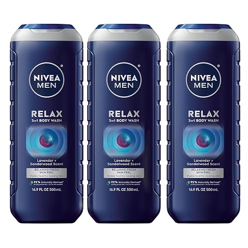 NIVEA MEN Relax Body Wash, Lavender and Sandalwood Scent, 3-in-1 Men's Body Wash, Face and Hair, Paraben Free, Vegan Formula, pH-Skin Friendly, 16.9