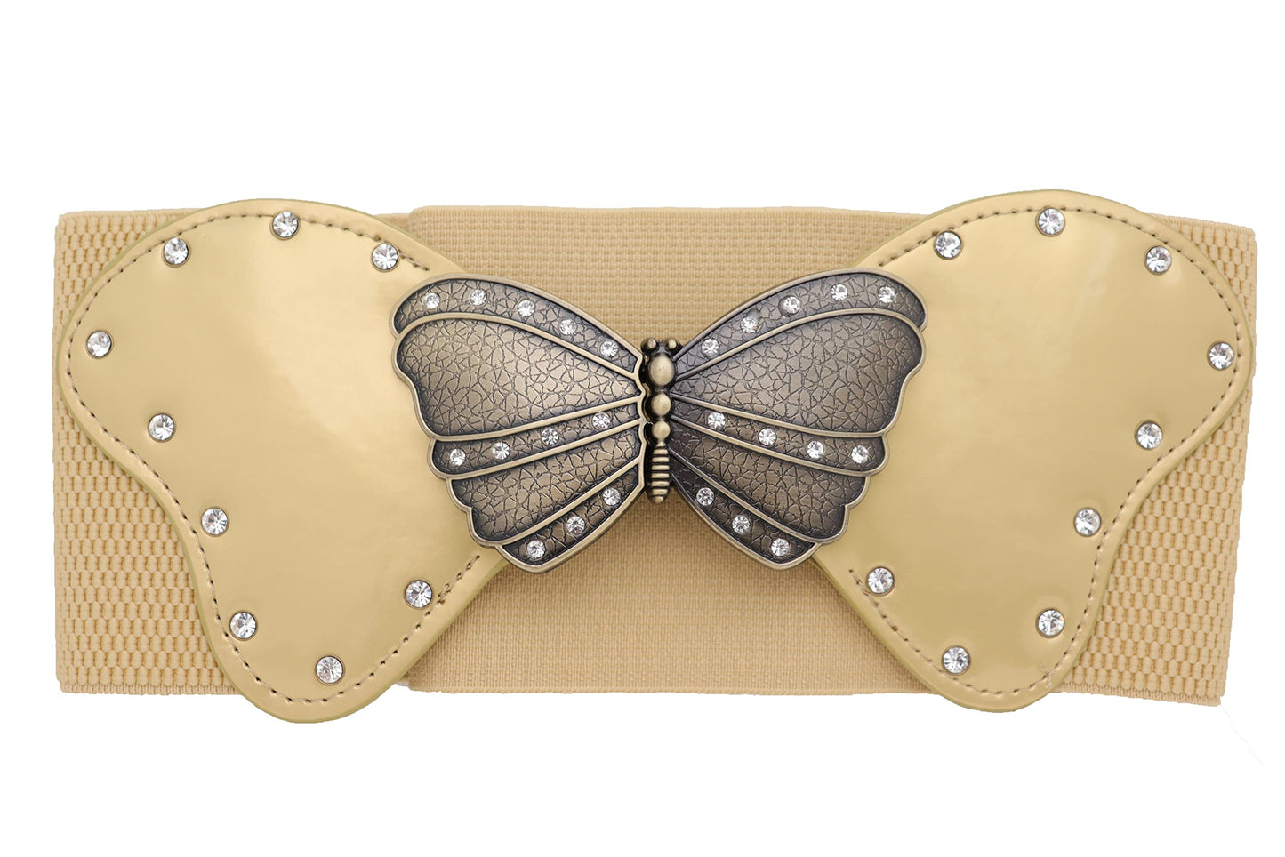 Women Gold Wide Fashion Belt - Elastic Waistband Faux Leather Butterfly Buckle S M,Brown + Gold,One Size