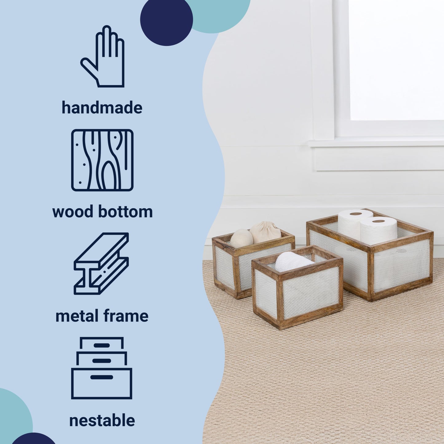happimess BSK3005A-3SET Fallon Modern Minimalist Wooden Metal Nesting Storage Baskets for Shelves, Cabinets, Pantry, Countertop, Mesh Open Bin Basket…